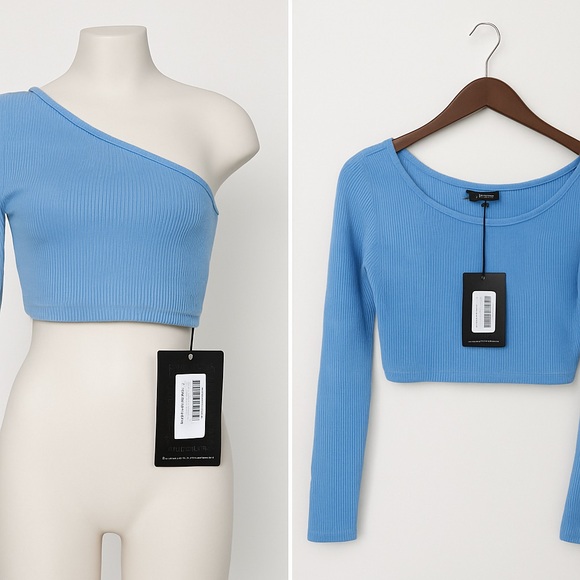 MF-166. Plus Baby Blue Brushed Rib One Shoulder Crop Top - Picture 1 of 4